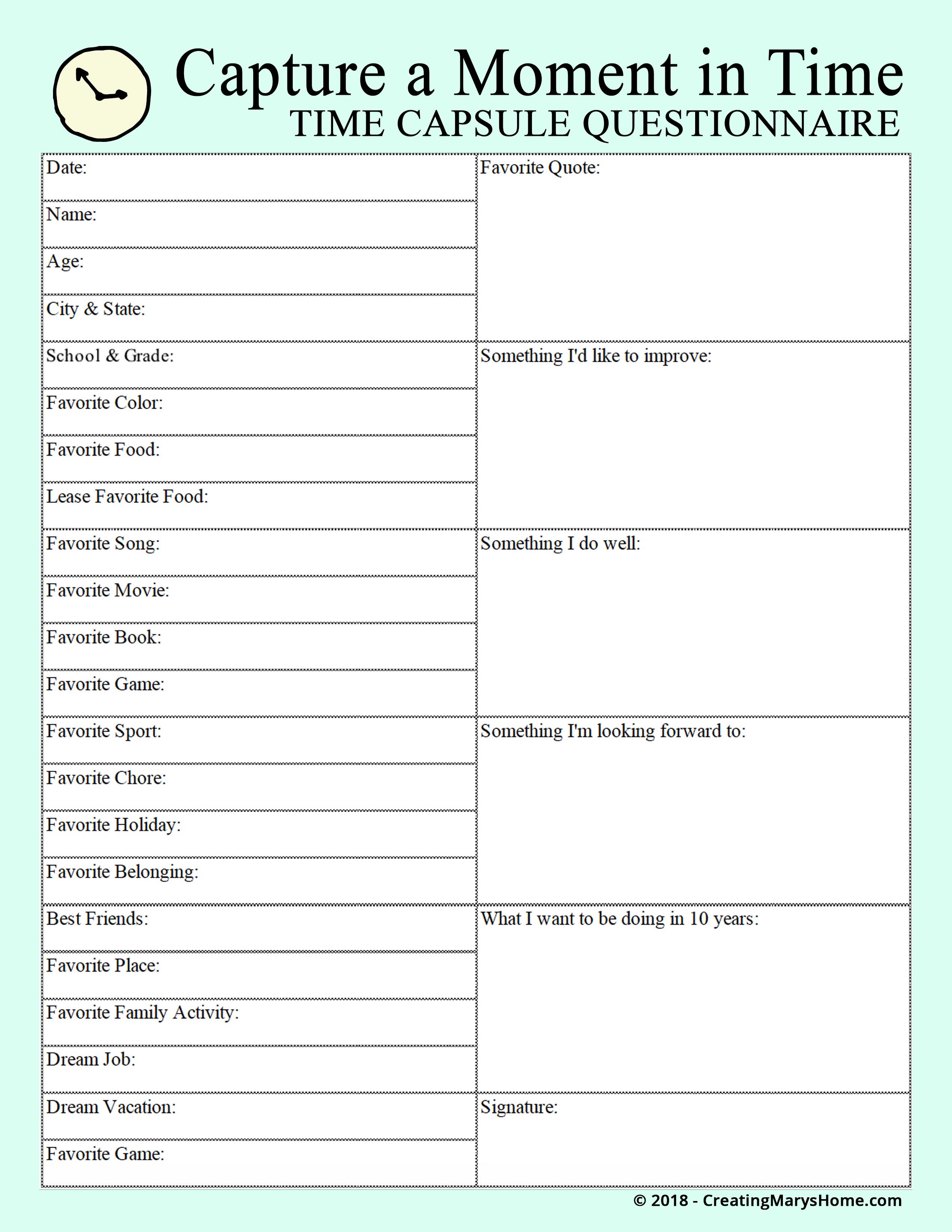 Time Capsule Questions FREE PRINTABLE v